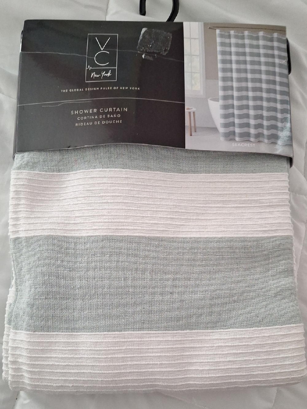 VC New York Seacrest Sage Green and White Striped Shower Curtain